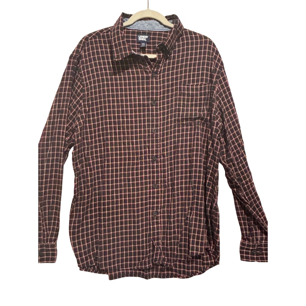 Lands End Mens Navy Plaid Button Down Shirt Long Sleeve XXL Cotton Blend‎ preppy